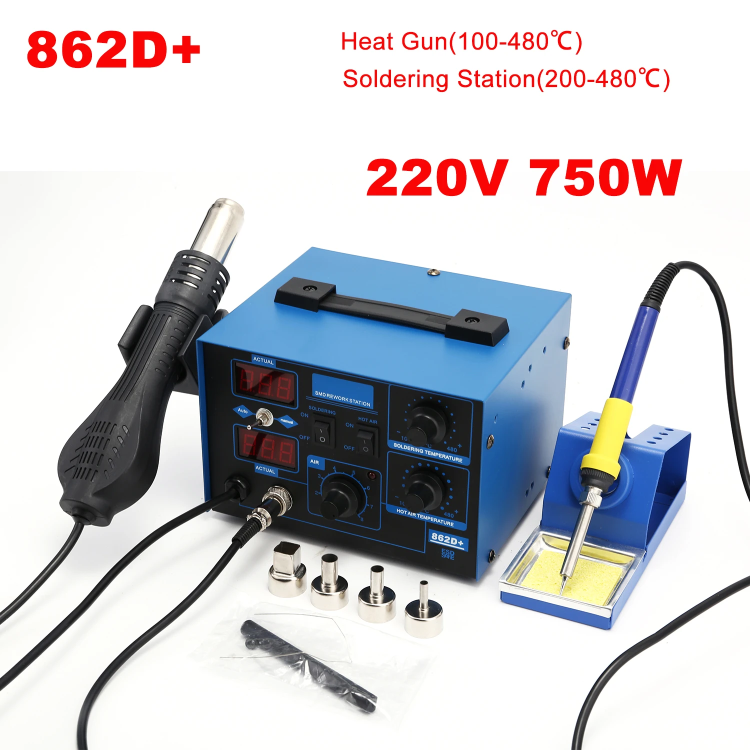 Estación de soldadura 862D+ 2  - 2 In 1 Soldering Rework Station 750W reseña y precio